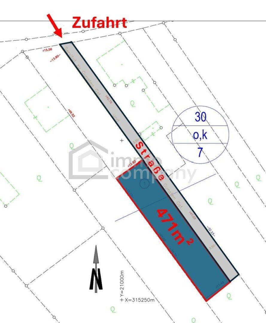 Grundstücksplan mit eingezeichneter Zufahrt und Straße sowie der Fläche von 471m².