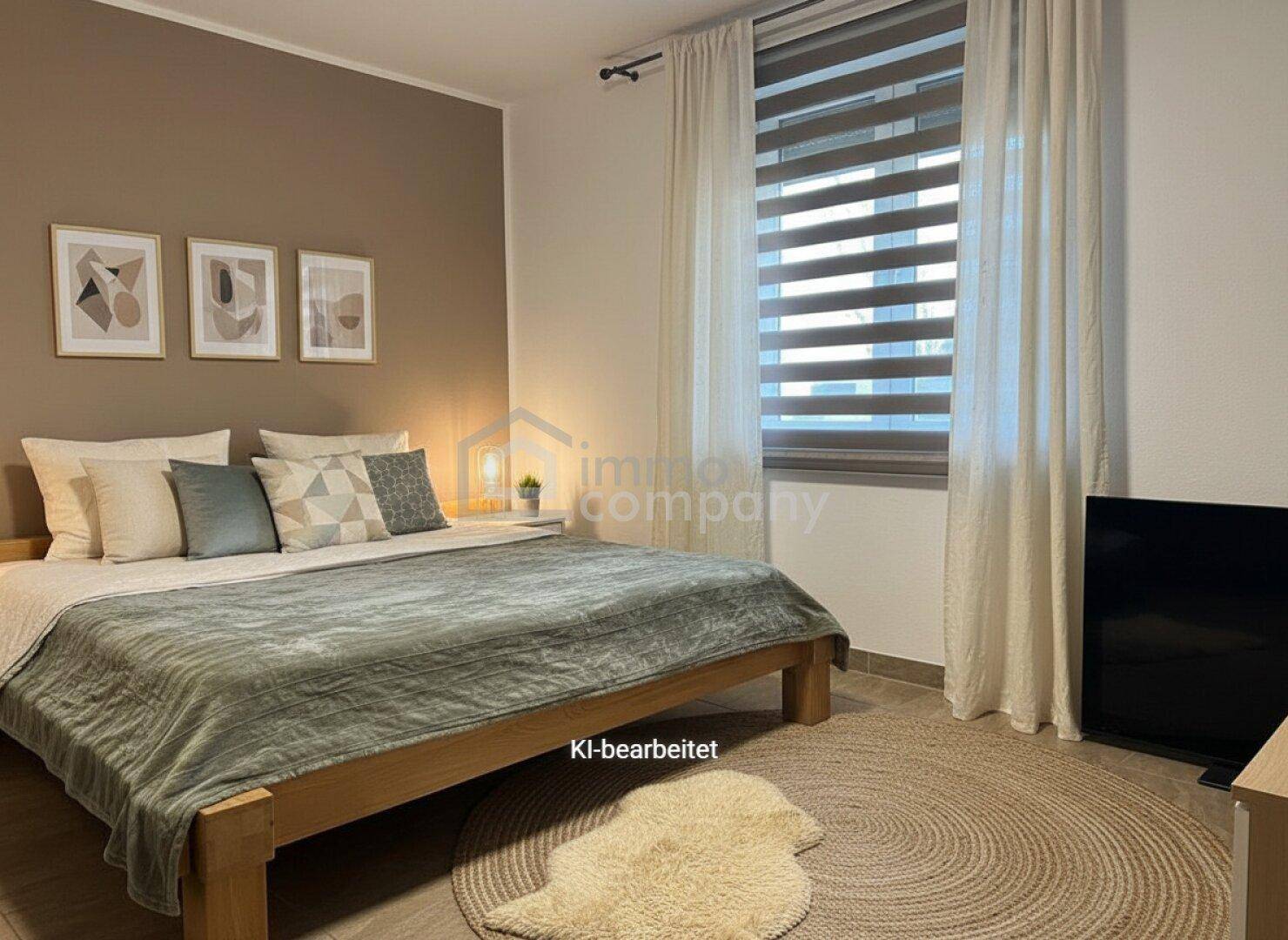 Gemütliches Schlafzimmer mit hellem Holzbett, beiger Wandfarbe und großem Fenster.