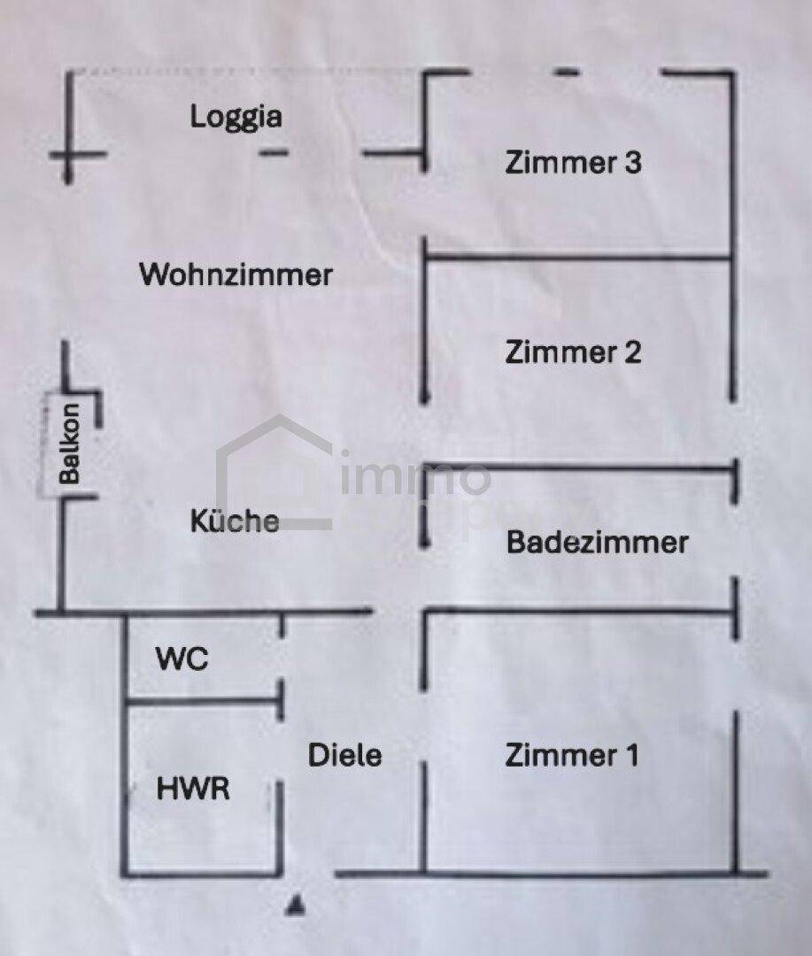 Grundriss der Wohnung mit Wohnzimmer, Küche, drei Zimmern, Bad, WC und Balkon.