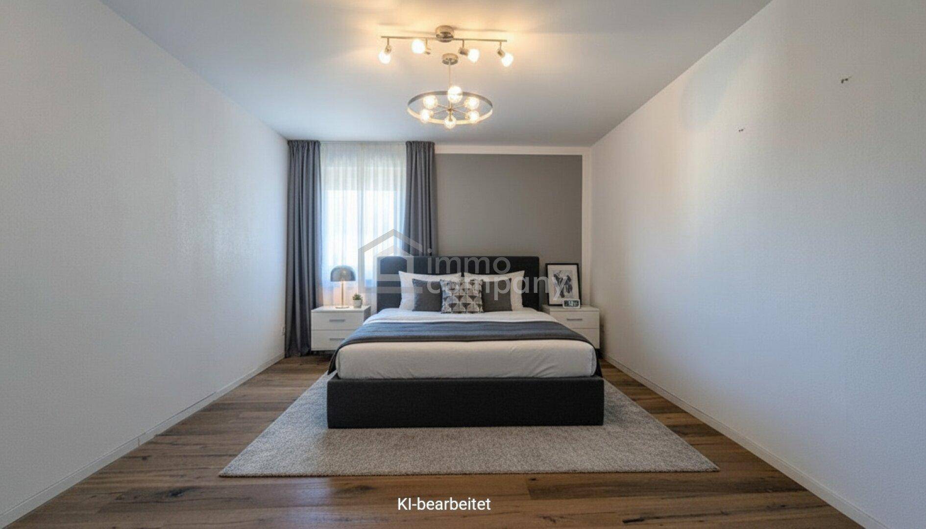 Modern eingerichtetes Schlafzimmer mit Holzboden und einem bequemen Doppelbett.