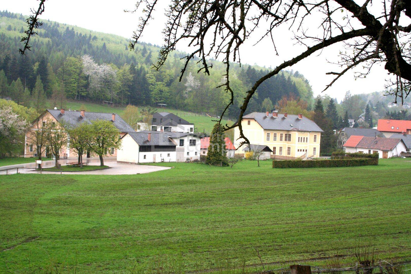 Weitläufige grüne Landschaft mit mehreren Gebäuden und bewaldeten Hügeln im Hintergrund.