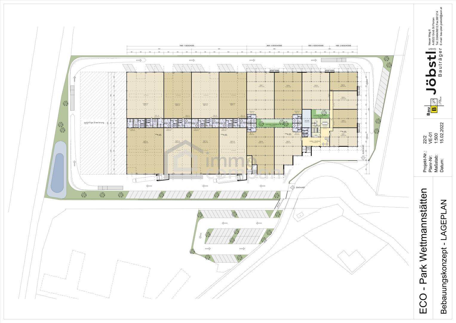 Übersichtsplan des Gewerbeparks mit Gebäudegrundrissen, Parkplätzen und Zufahrtswegen.
