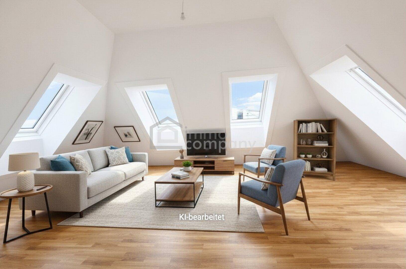Helles Wohnzimmer im Dachgeschoss mit schrägen Wänden, Dachfenstern und moderner Einrichtung.