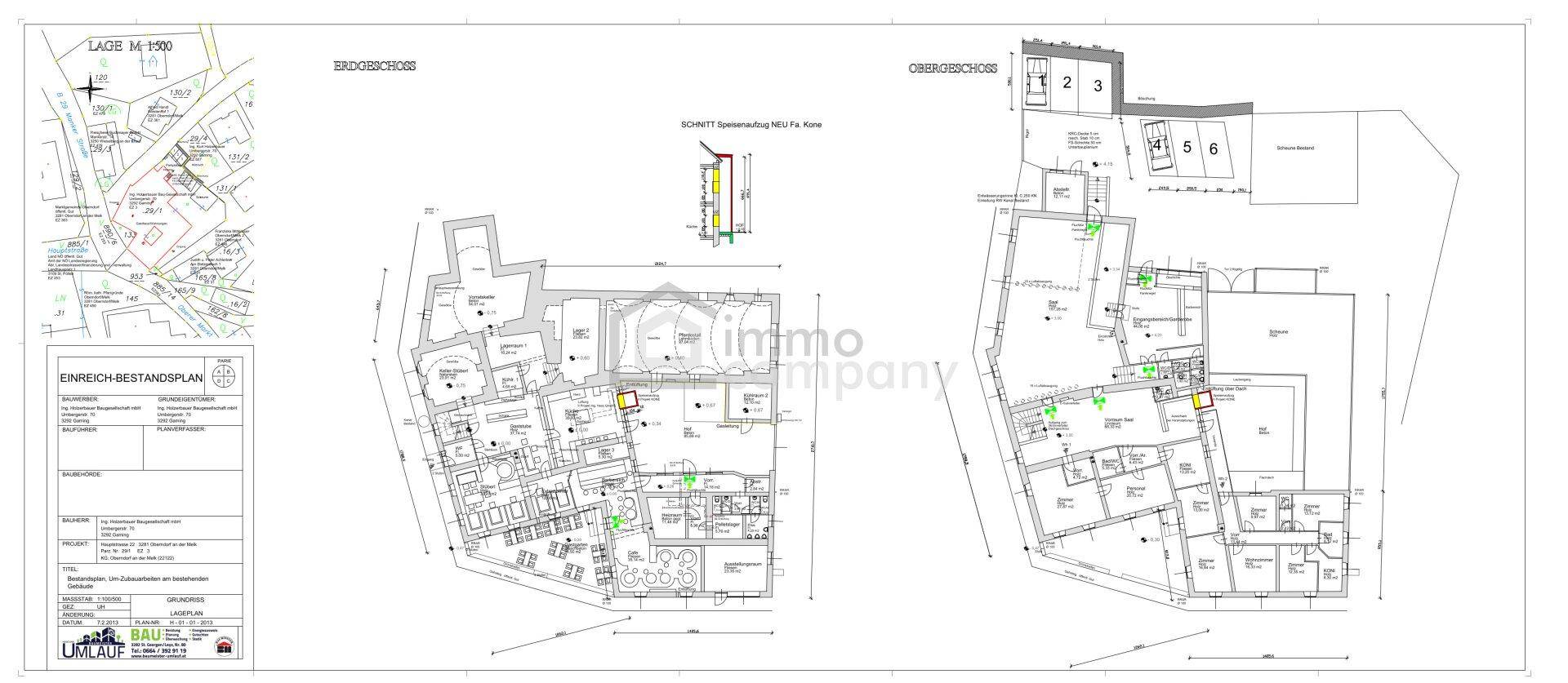 Detaillierter Grundrissplan des Erdgeschosses und Obergeschosses des Gebäudes.