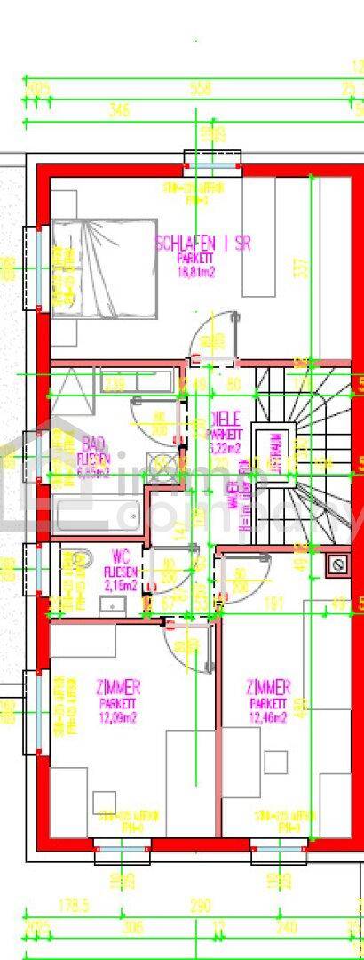 Grundriss des Obergeschosses mit drei Schlafzimmern und einem Badezimmer.
