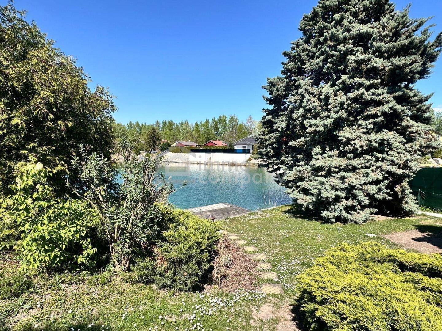 Gartenbereich mit großen Bäumen und Sträuchern, der einen direkten Blick auf den See bietet.