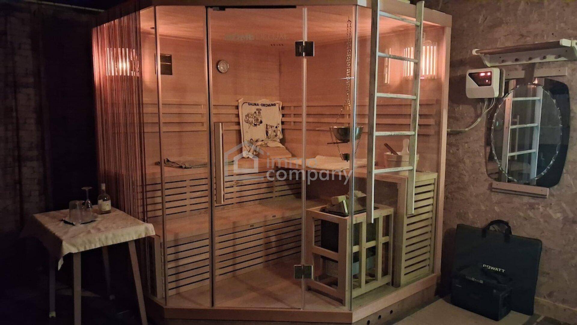 Moderne Holzsauna mit Glastür und Beleuchtung in einem privaten Wellnessbereich.