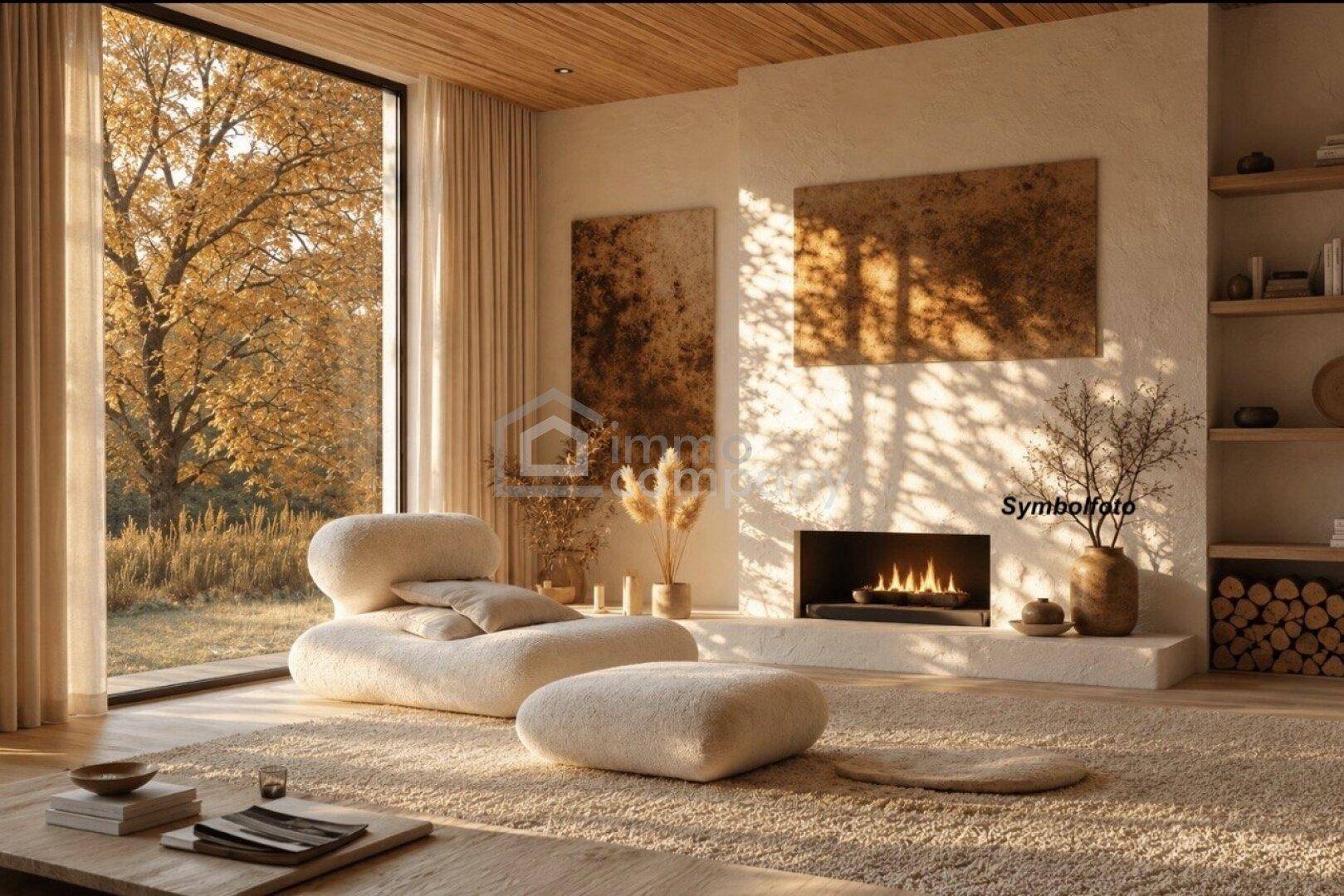 Helles, modernes Wohnzimmer mit großem Fenster, Kamin und Blick ins Grüne, ergänzt durch eine Holzdecke.