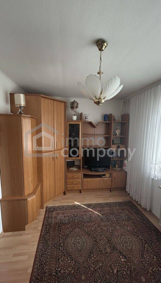 Wohnzimmer mit Holzmöbeln, einem TV-Schrank und einem gemusterten Teppich, hell durch große Fenster.