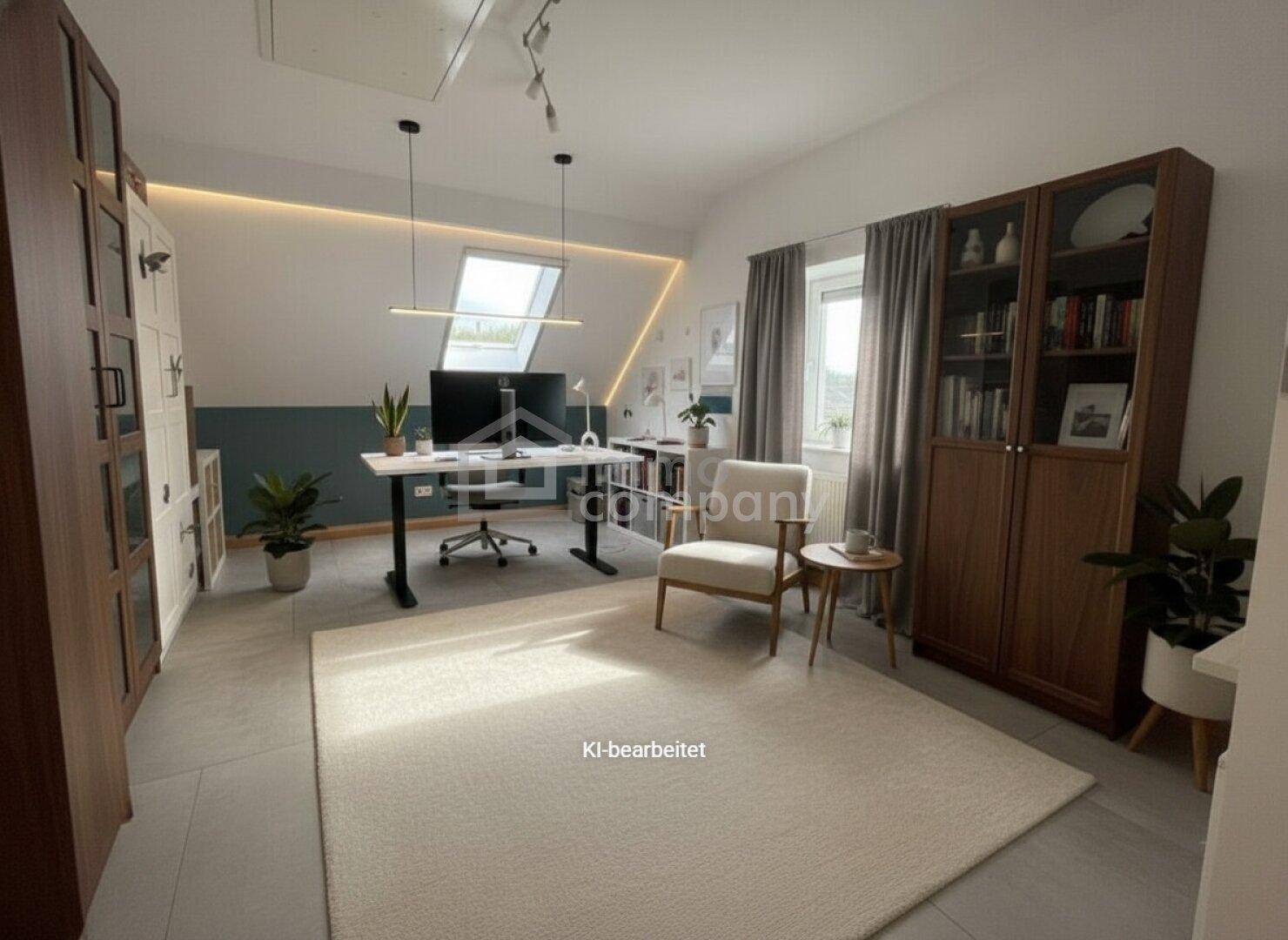 Modernes Büro mit Schreibtisch, Bücherregalen und Dachfenster, stilvoll eingerichtet und KI-bearbeitet.