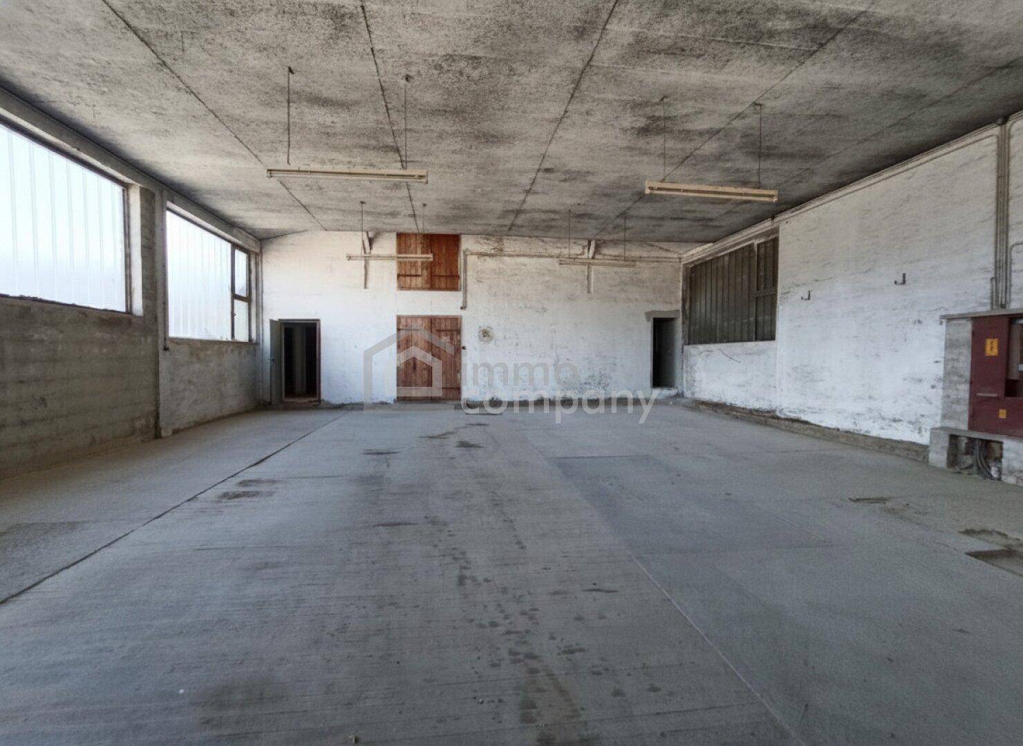 Großer, leerer Raum mit Betonboden und hohen Decken, ideal als Werkstatt oder Lagerfläche.