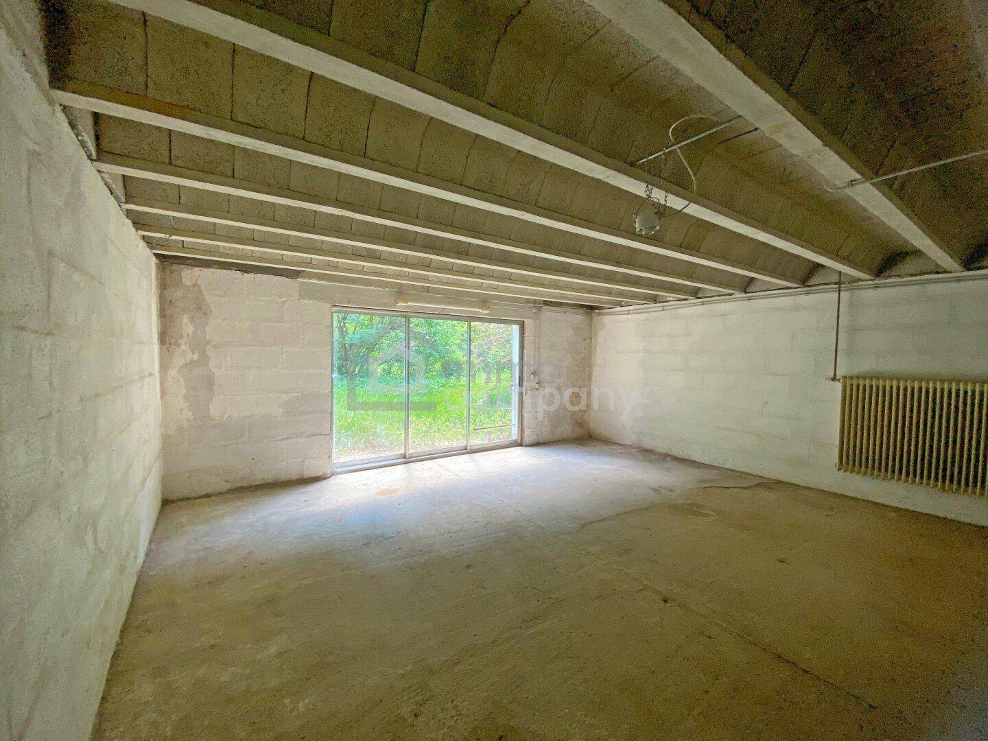 Unausgebauter Kellerraum mit Betonwänden und großem Fenster zum Garten.