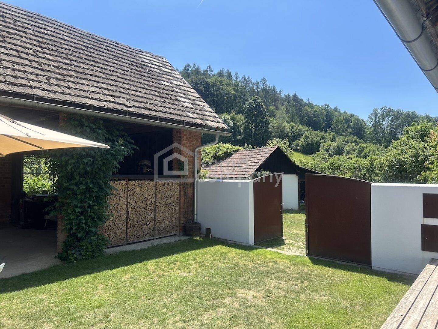 Außenbereich mit Rasenfläche, Sonnenschirm und Holzfassade eines Nebengebäudes.
