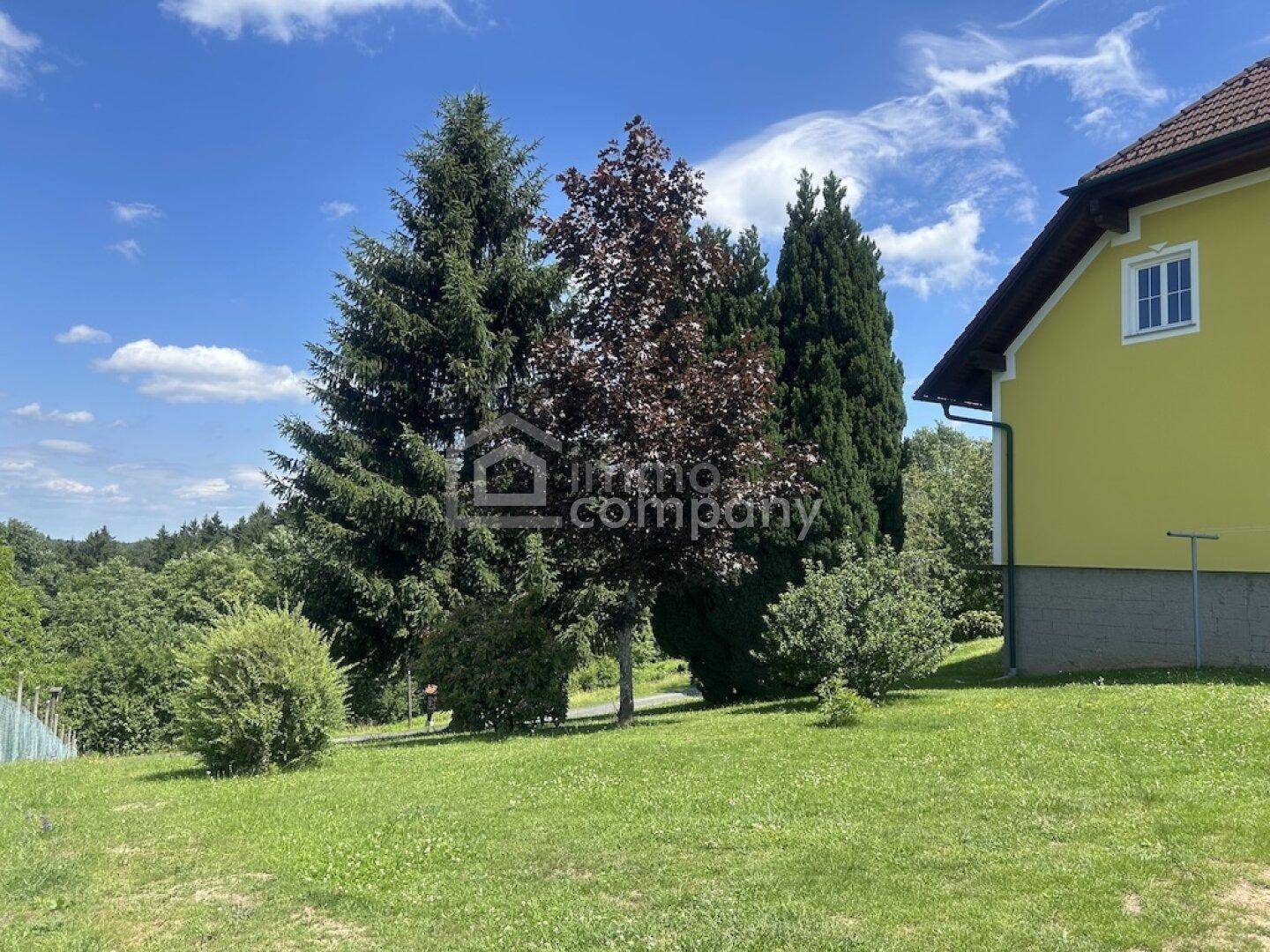 Seitenansicht des Hauses mit hohen Bäumen und einer gepflegten Rasenfläche unter blauem Himmel.