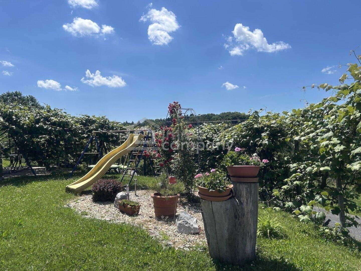Grüner Gartenbereich mit Kinderrutsche, Schaukel und blühenden Rosenbüschen unter blauem Himmel.