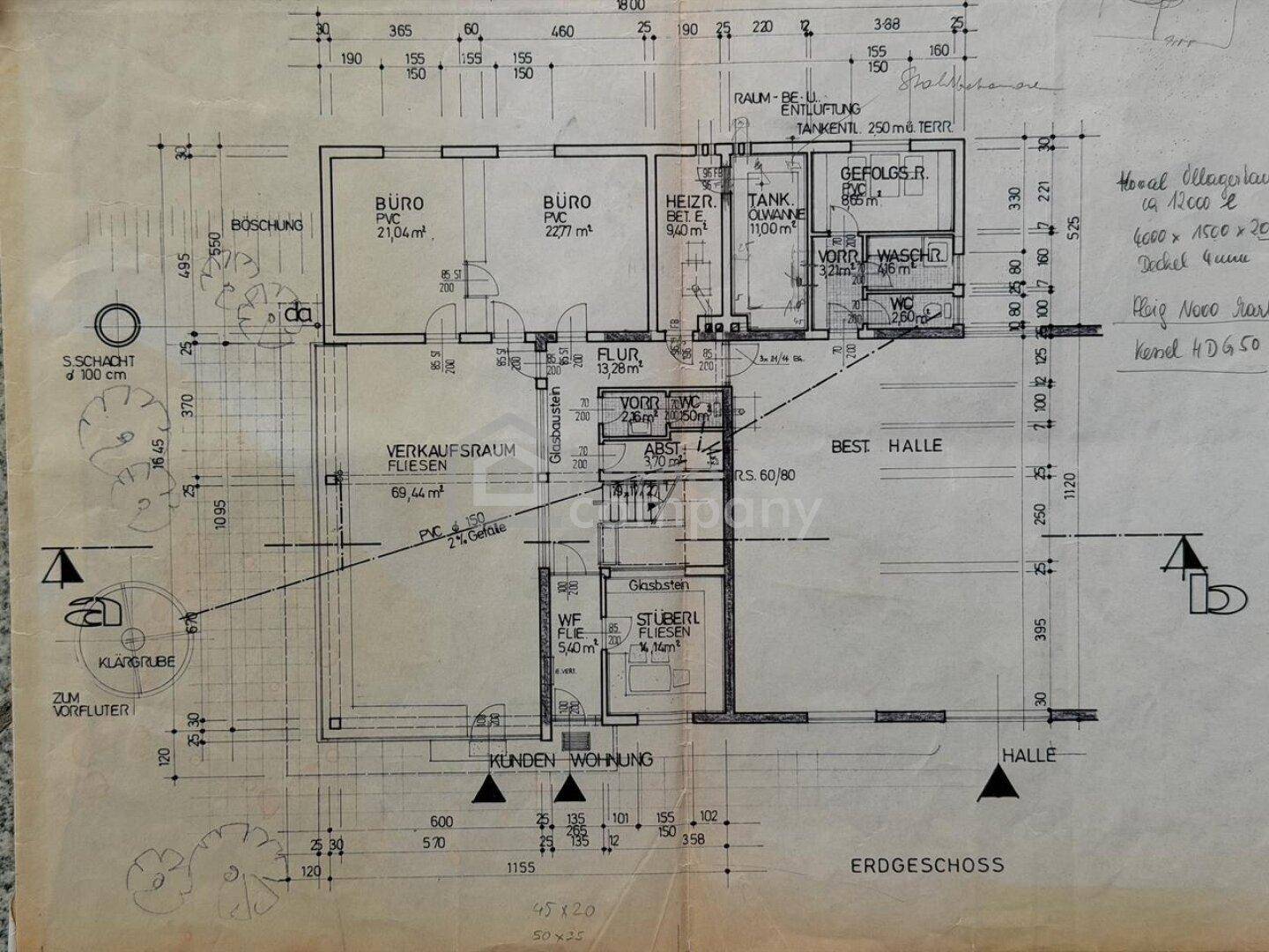 Grundriss des Erdgeschosses mit Büros, Verkaufsraum und Kundenwohnung.