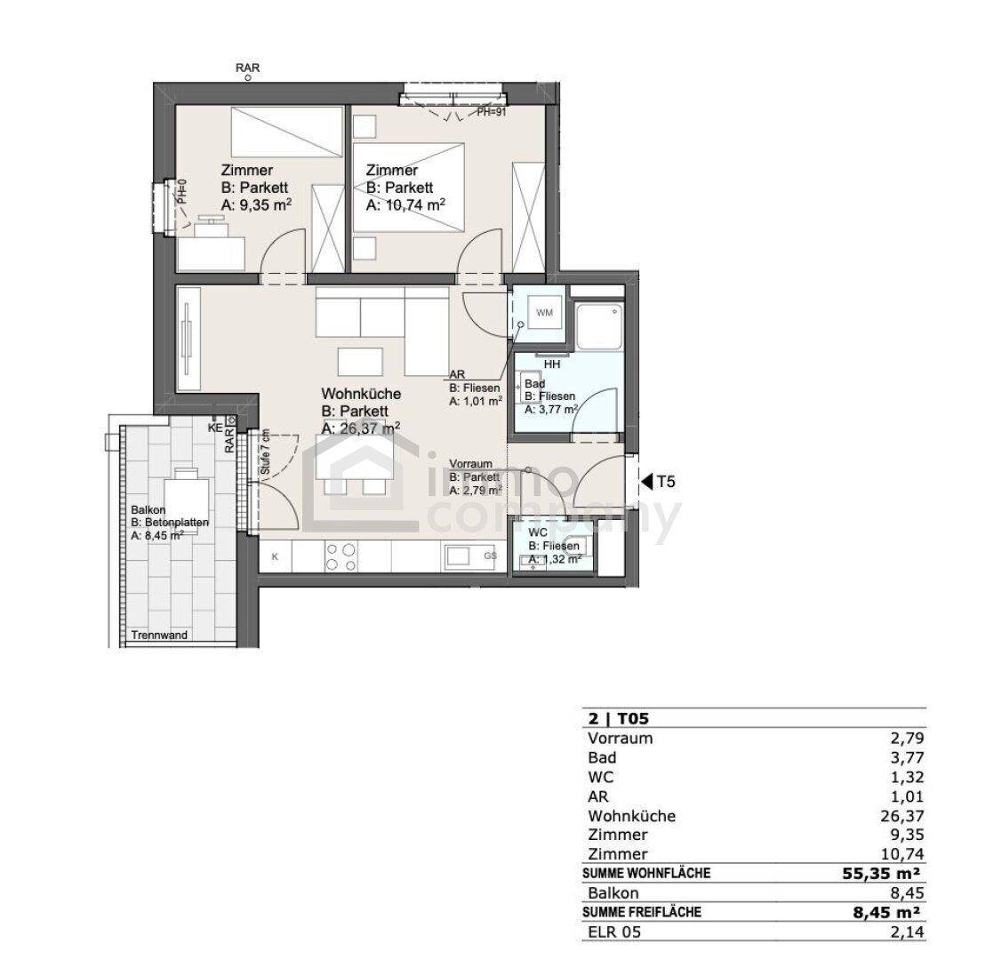 Grundriss einer Wohnung mit zwei Zimmern, Wohnküche, Bad und Balkon.