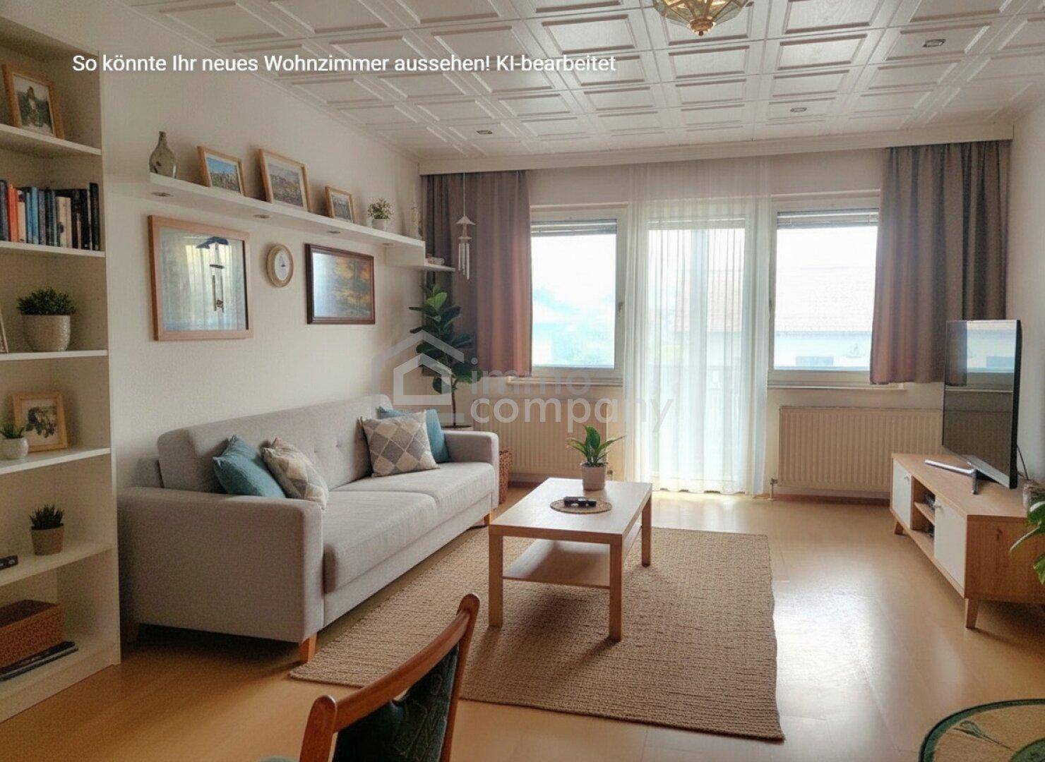 Gemütliches Wohnzimmer mit Sofa, Couchtisch und strukturiertem Deckenpaneel, hell durch große Fenster.