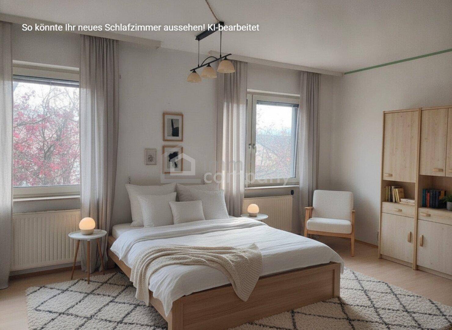 Helles Schlafzimmer mit Holzbett, Nachttischen und Kleiderschrank, durch große Fenster gut belichtet.