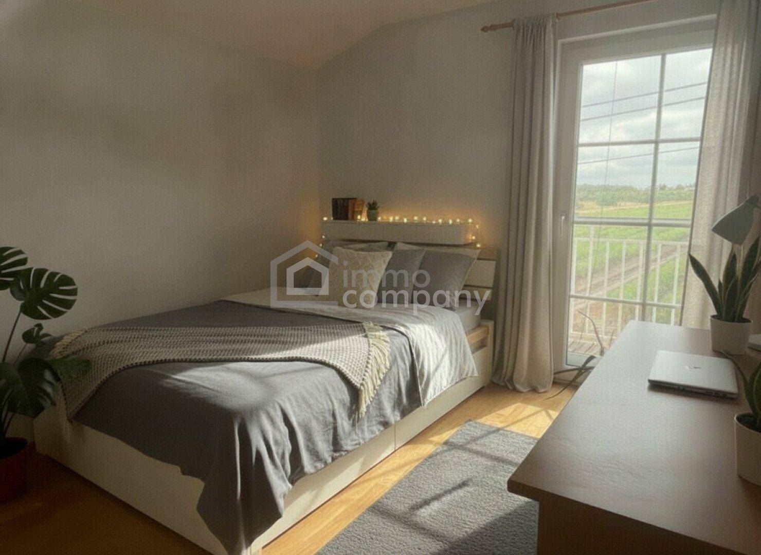 Helles Schlafzimmer mit Einzelbett, Schreibtisch und Blick ins Grüne durch die Fenstertür.