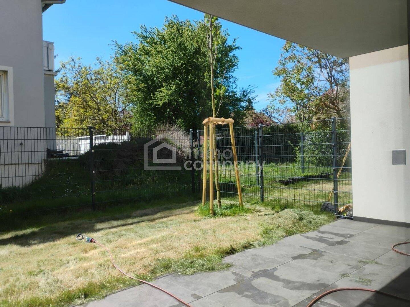Kleiner privater Gartenbereich mit Terrasse und jungem Baum, umzäunt.