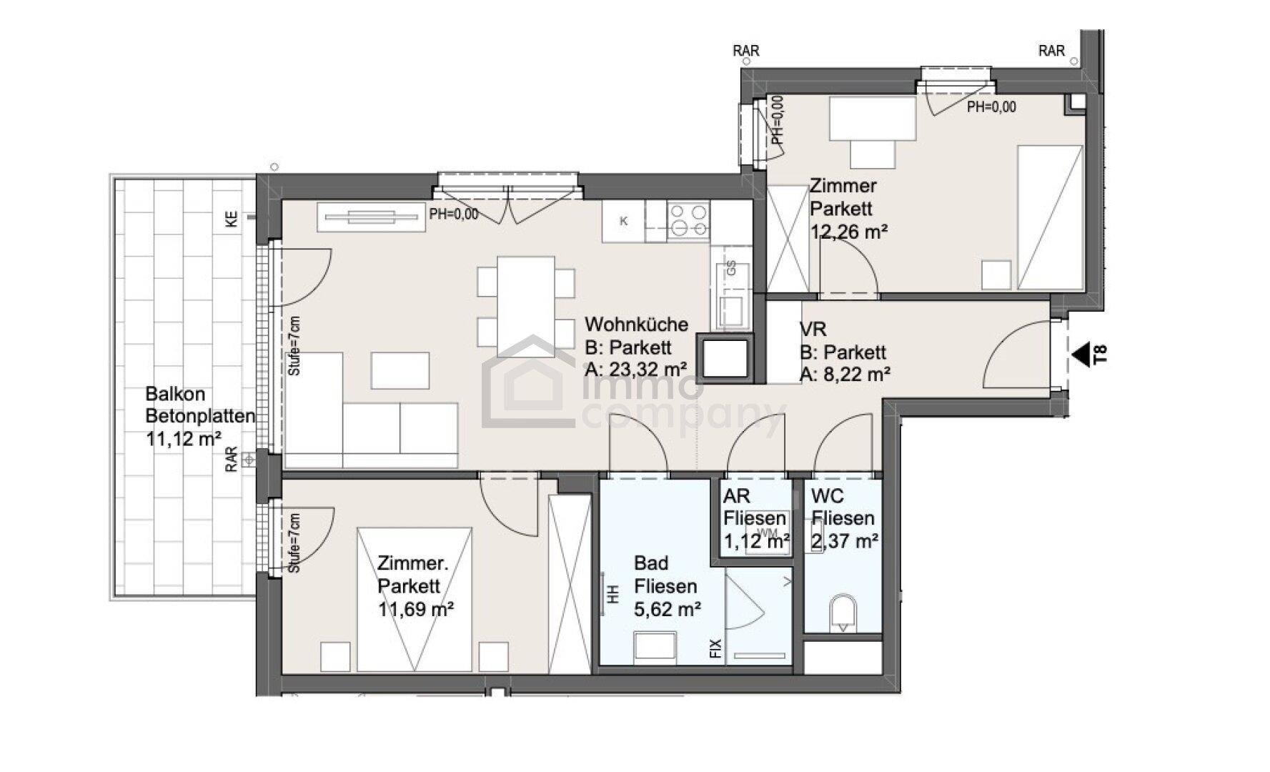Grundriss einer Wohnung mit Wohnküche, zwei Zimmern, Bad, WC und einem großen Balkon.
