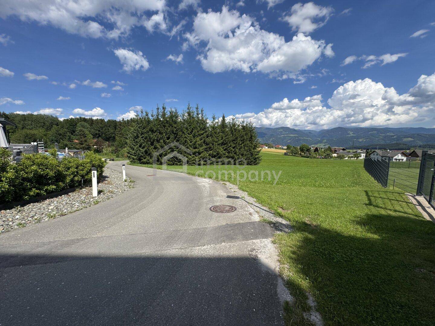 Geschwungene Straße führt durch eine grüne Landschaft mit Bäumen und einem beeindruckenden Bergblick.