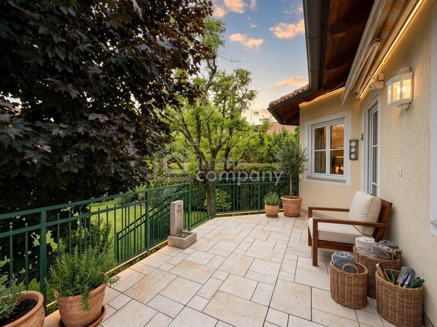 Geräumige Terrasse mit Fliesenboden, Sitzgelegenheiten und Blick ins Grüne.