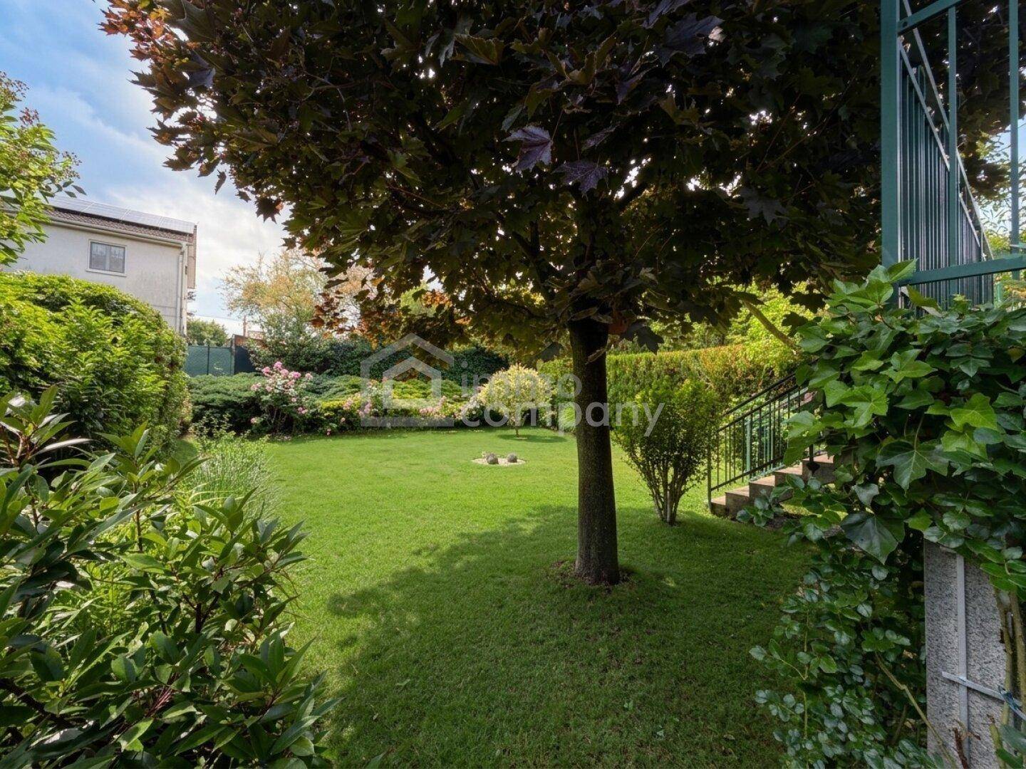 Gepflegter Garten mit großem Baum und weitläufiger Rasenfläche, ideal zum Entspannen.