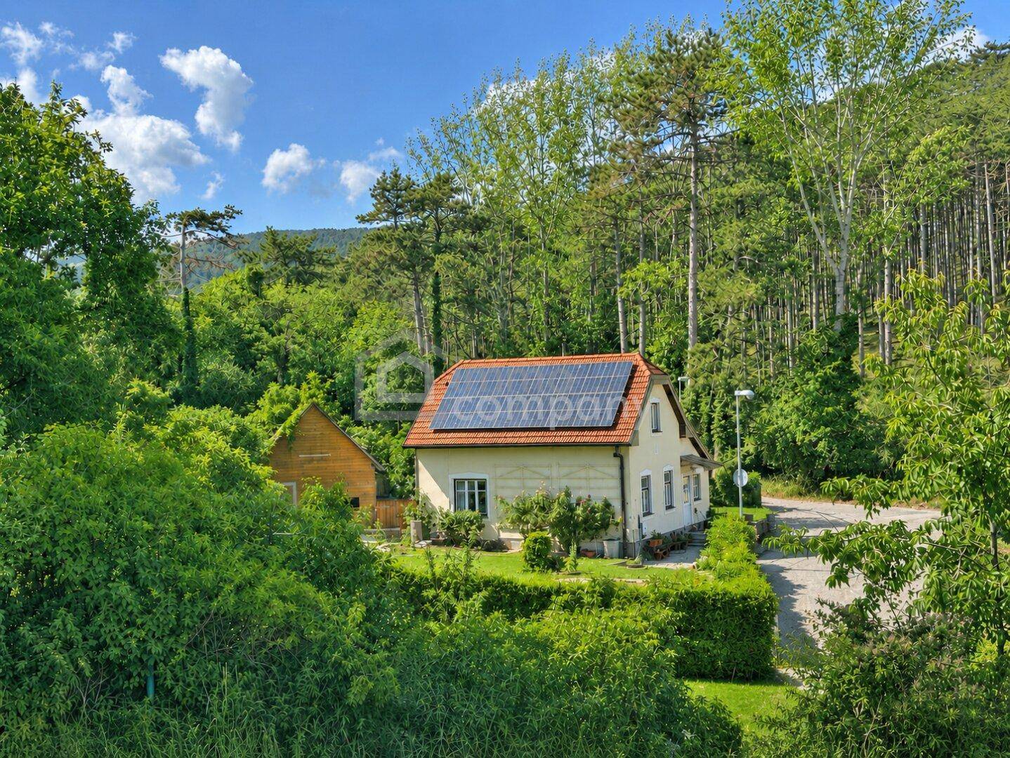 Freistehendes Haus mit Solaranlage auf dem Dach, eingebettet in eine grüne Waldlandschaft unter blauem Himmel.