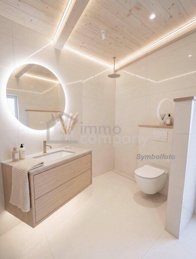 Modernes Badezimmer mit schwebendem Waschtisch, beleuchtetem Spiegel und Regendusche unter Holzbalkendecke.