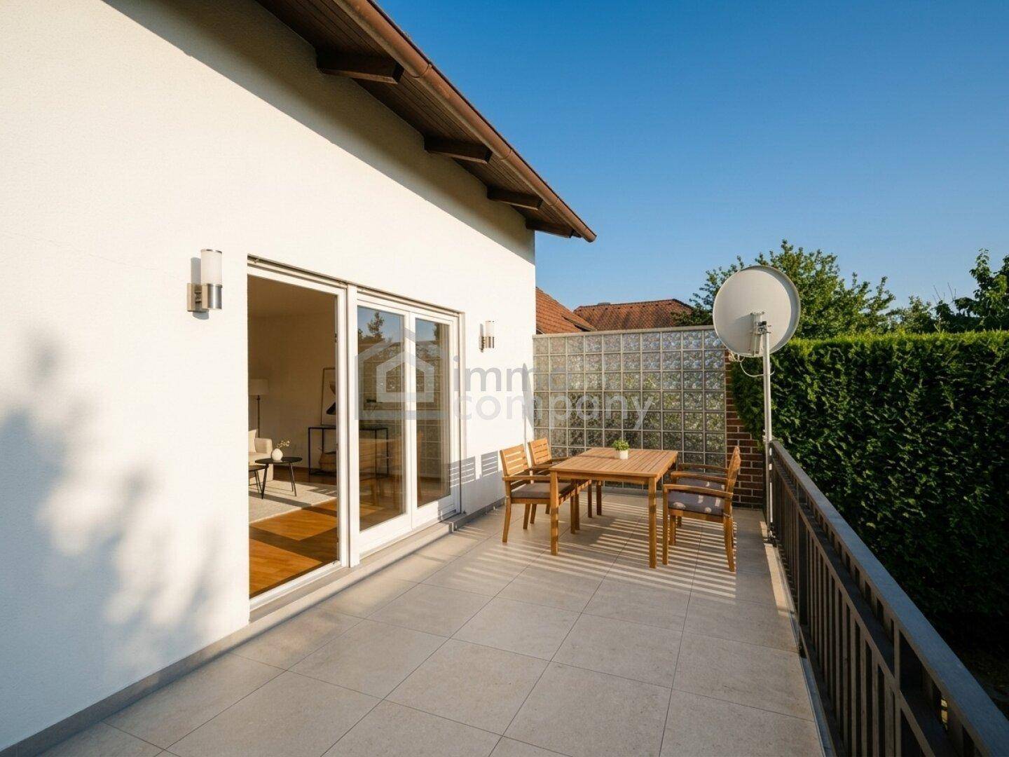 Sonniger Balkon mit Fliesenboden, Glasbausteinwand und Sitzgelegenheiten im Freien.
