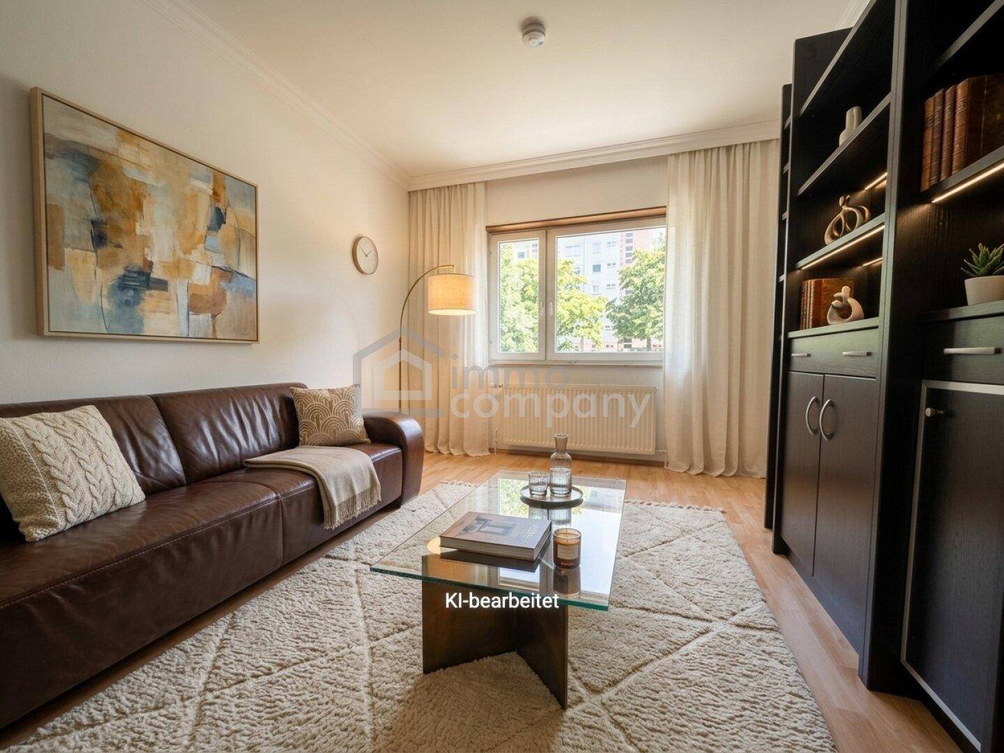 Gemütliches Wohnzimmer mit Ledersofa, Teppich und einem großen Fenster für viel Tageslicht.