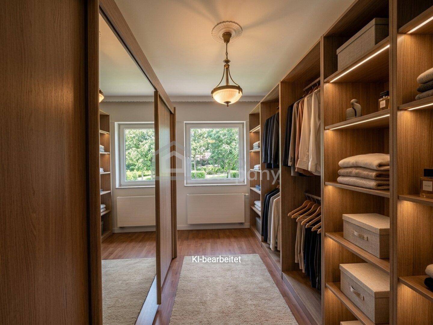 Begehbarer Kleiderschrank mit Holzregalen, integrierter Beleuchtung und Spiegelschiebetüren.
