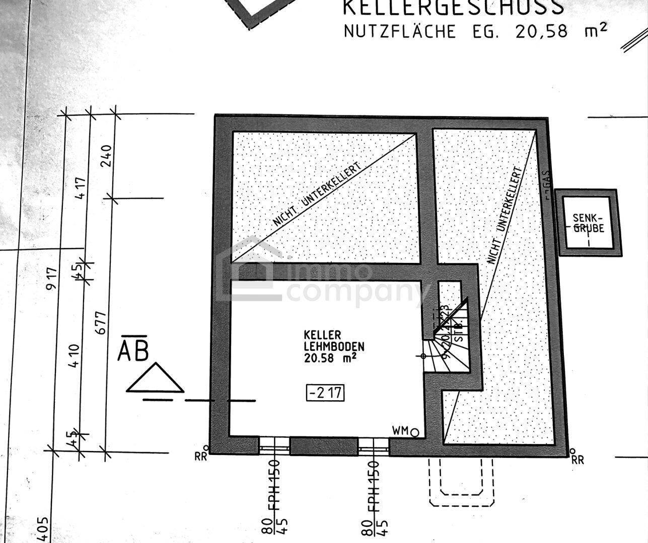Grundriss des Kellergeschosses mit einem Kellerraum und Bereichen, die nicht unterkellert sind.
