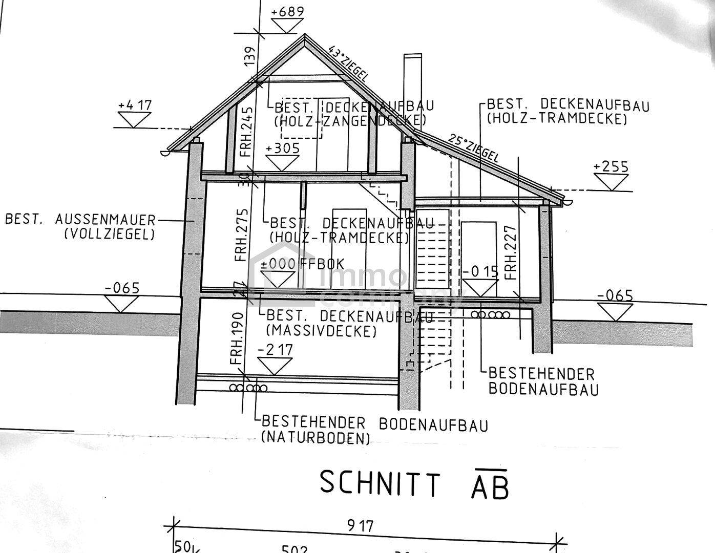 Architektonischer Schnitt des Gebäudes, der die verschiedenen Geschosse und die Dachkonstruktion detailliert darstellt.