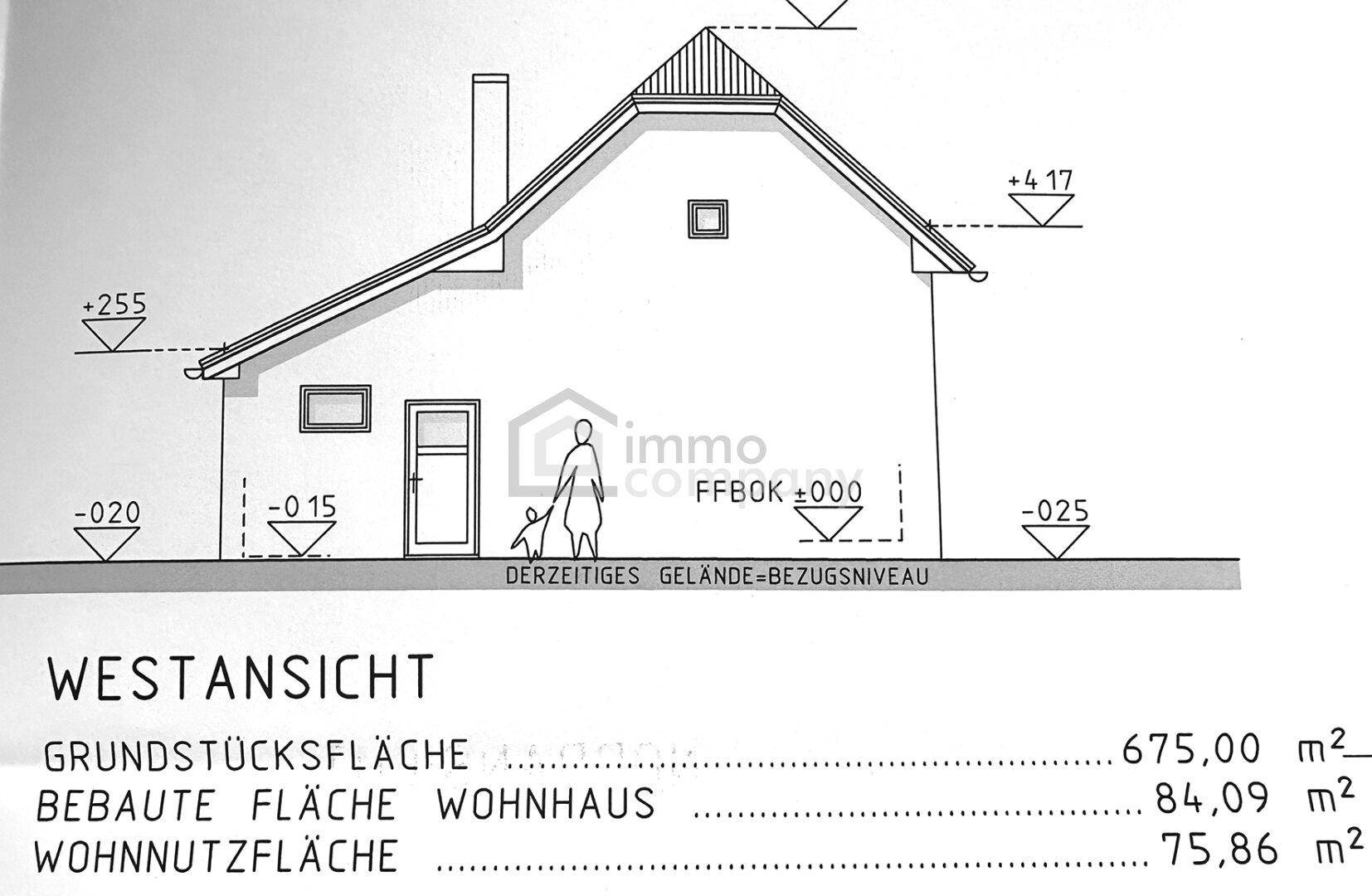 Architektonische Zeichnung der Westansicht des Hauses, inklusive Angaben zur Grundstücks- und Wohnnutzfläche.