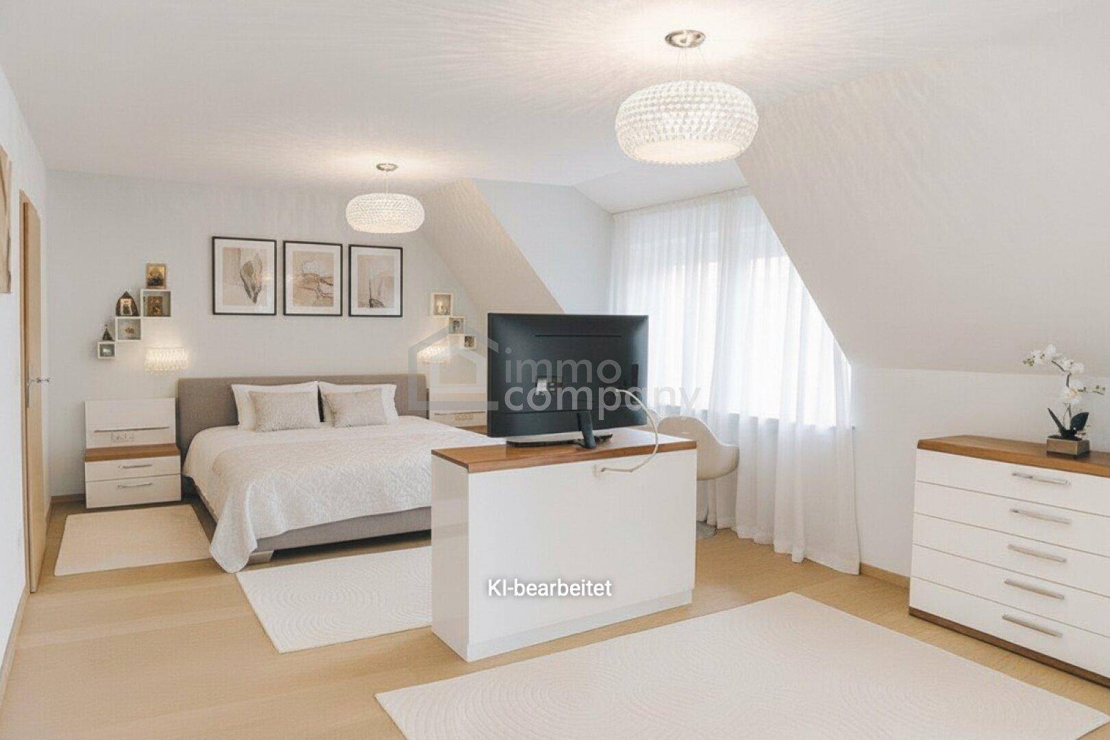 Helles Schlafzimmer im Dachgeschoss mit schrägen Wänden, Holzboden und modernen Möbeln.