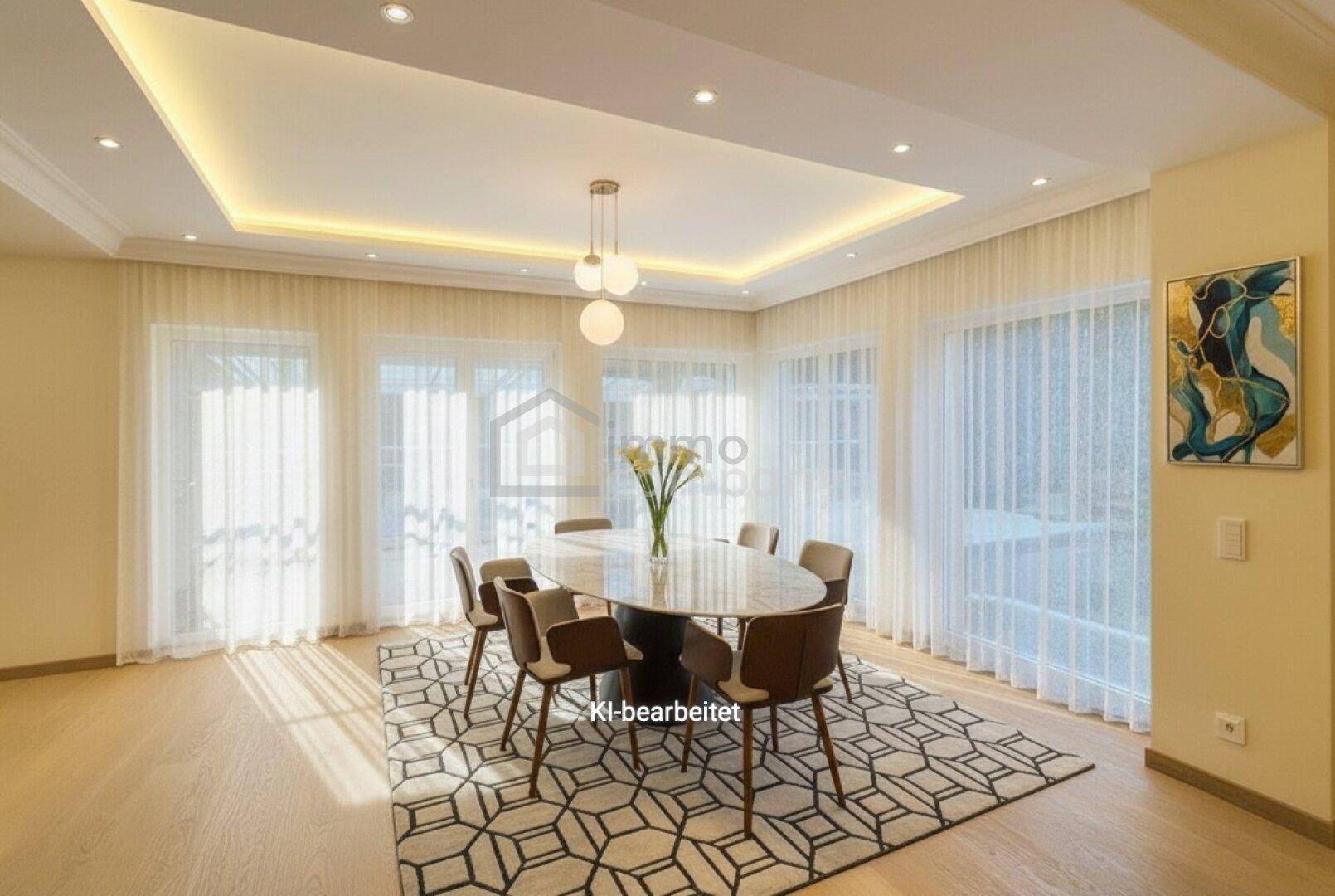 Eleganter Essbereich mit großen Fenstern, Holzboden und moderner Deckenbeleuchtung.