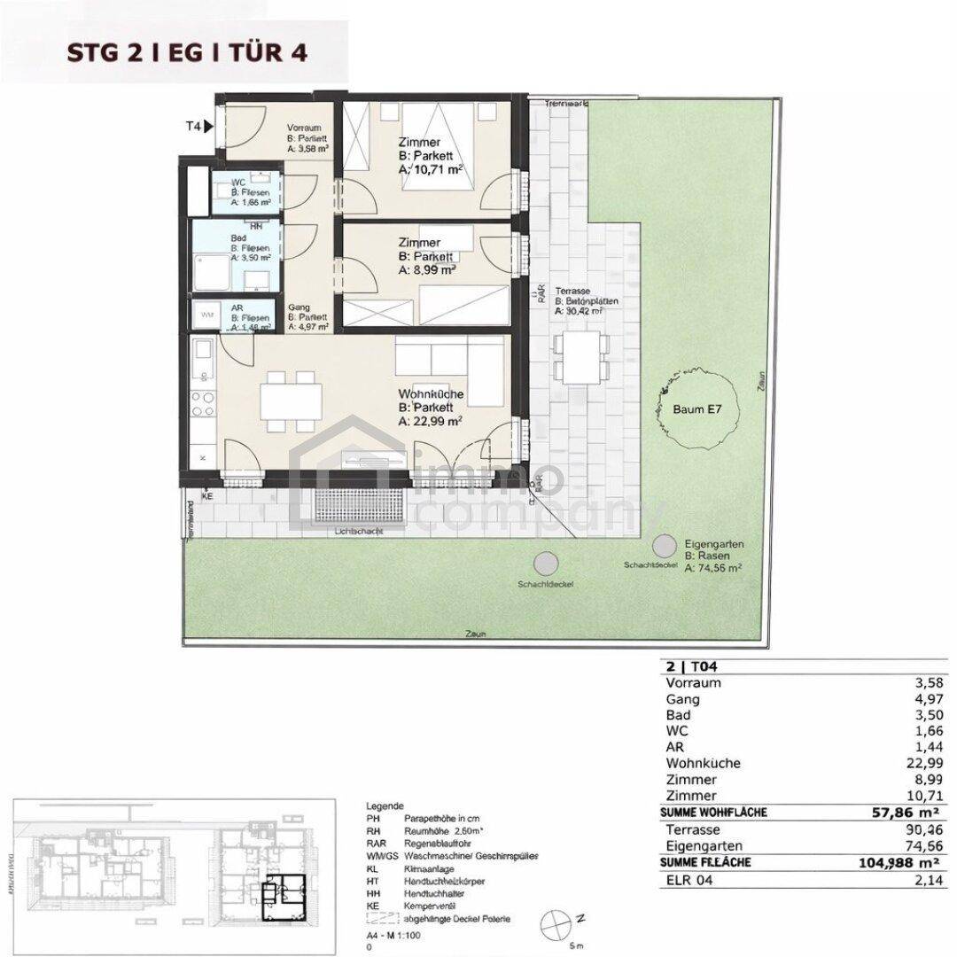Detaillierter Grundriss einer Wohnung mit drei Zimmern, offener Wohnküche und Terrasse mit Garten.
