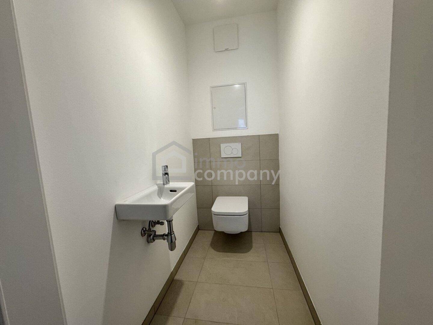 Kleines Gäste-WC mit wandhängender Toilette und modernem Waschbecken.