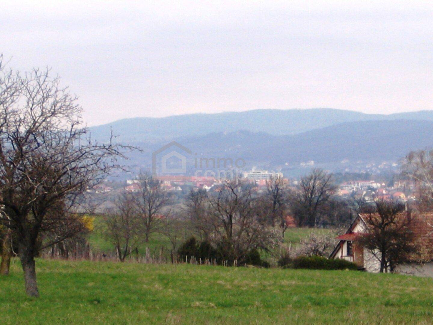 Grüne Landschaft mit Bäumen, einem Haus und einem Dorf im Hintergrund, umgeben von Hügeln.