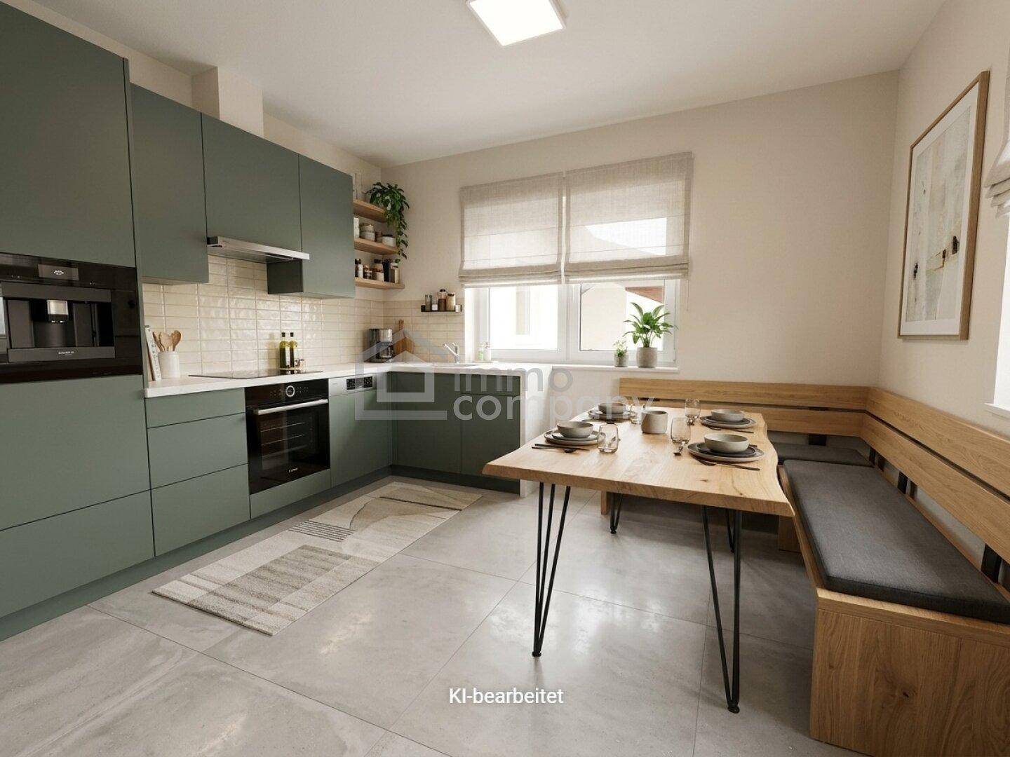 Moderne Küche mit grünen Schränken, integriertem Essbereich und Holzbänken.