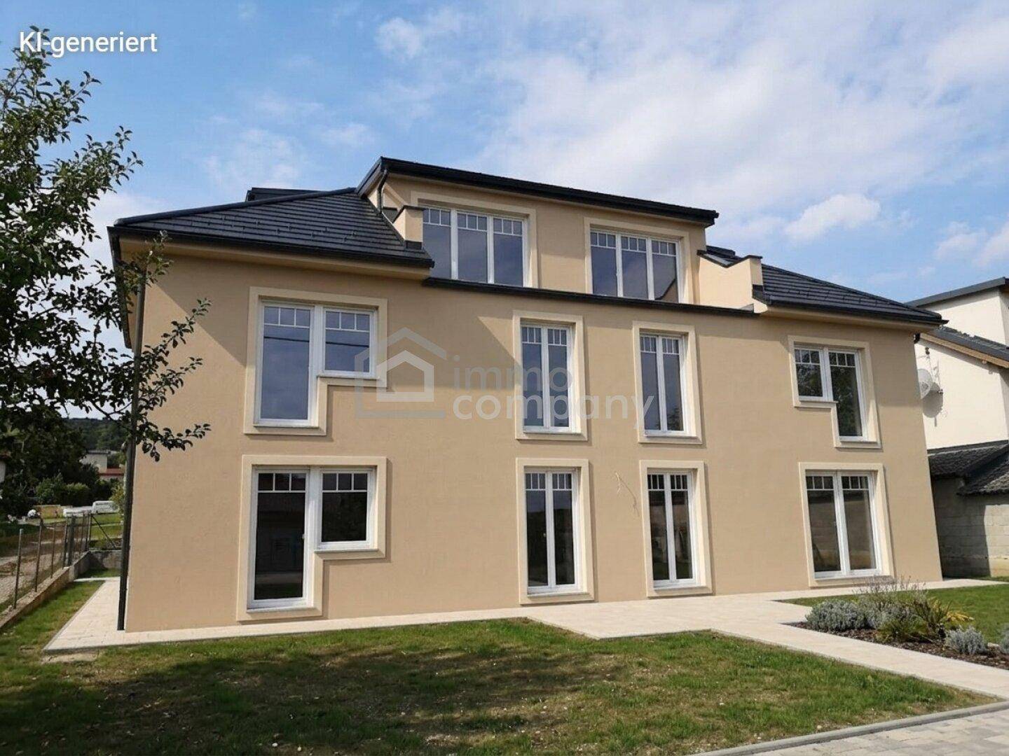 Ansicht der modernen Hausfassade mit vielen Fenstern und gepflegtem Vorgartenbereich.