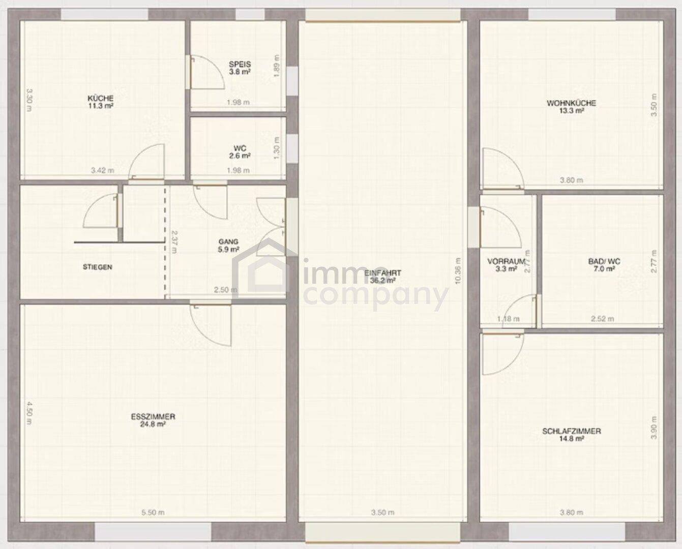 Grundriss des Erdgeschosses mit Küche, Esszimmer, Wohnküche und Schlafzimmer.