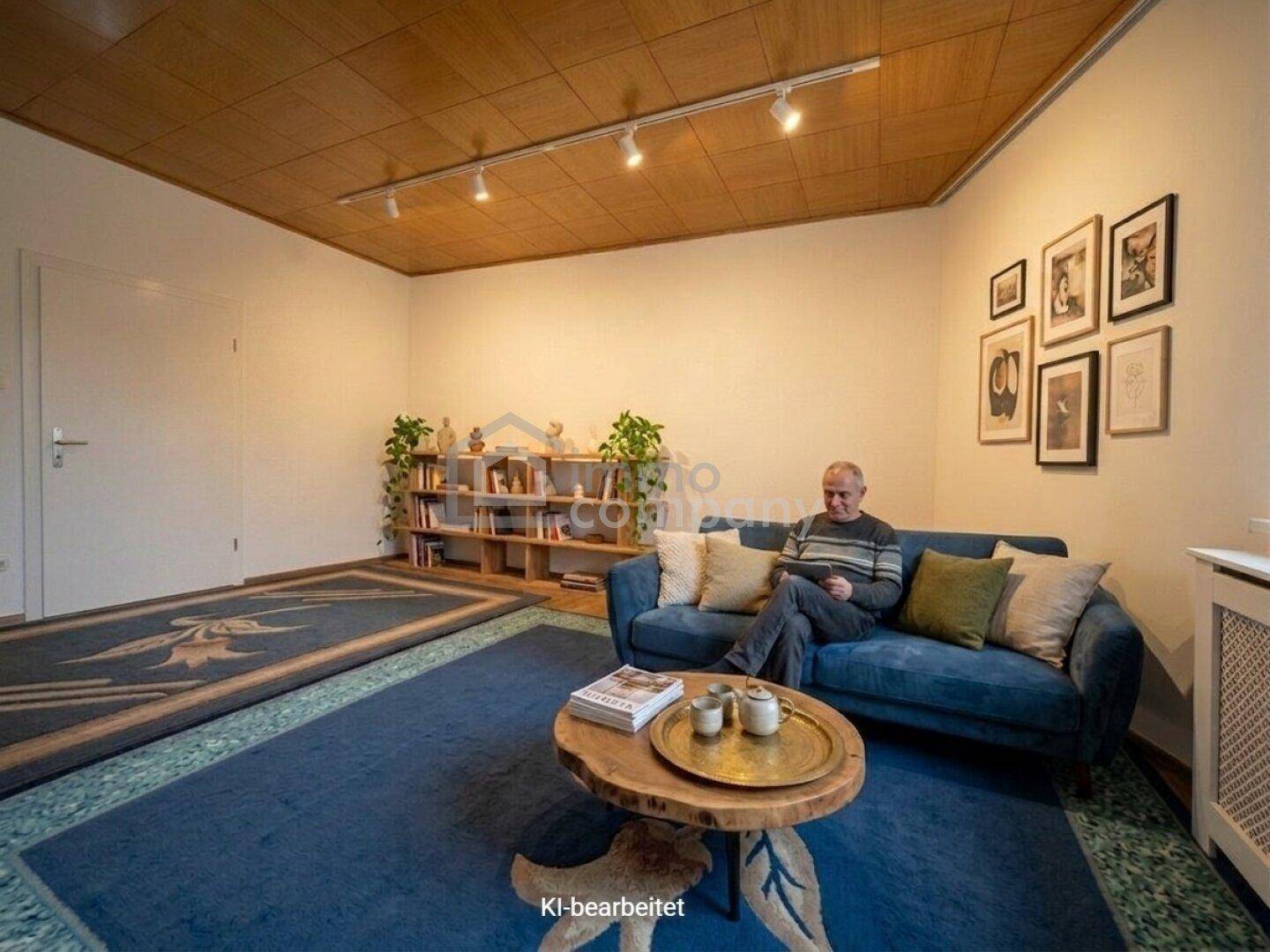 Gemütliches Wohnzimmer mit Holzdecke, blauem Sofa und dekorativem Teppich, einladend gestaltet.