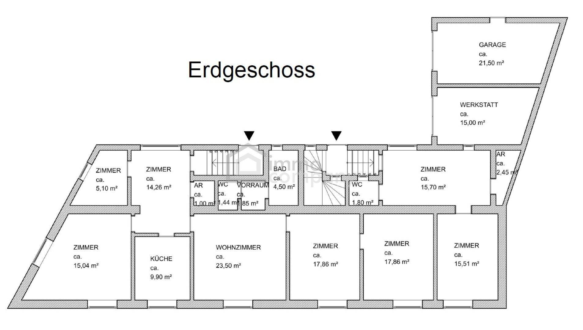 Grundriss des Erdgeschosses mit mehreren Zimmern, Küche, Wohnzimmer, Bad, WC, Garage und Werkstatt.