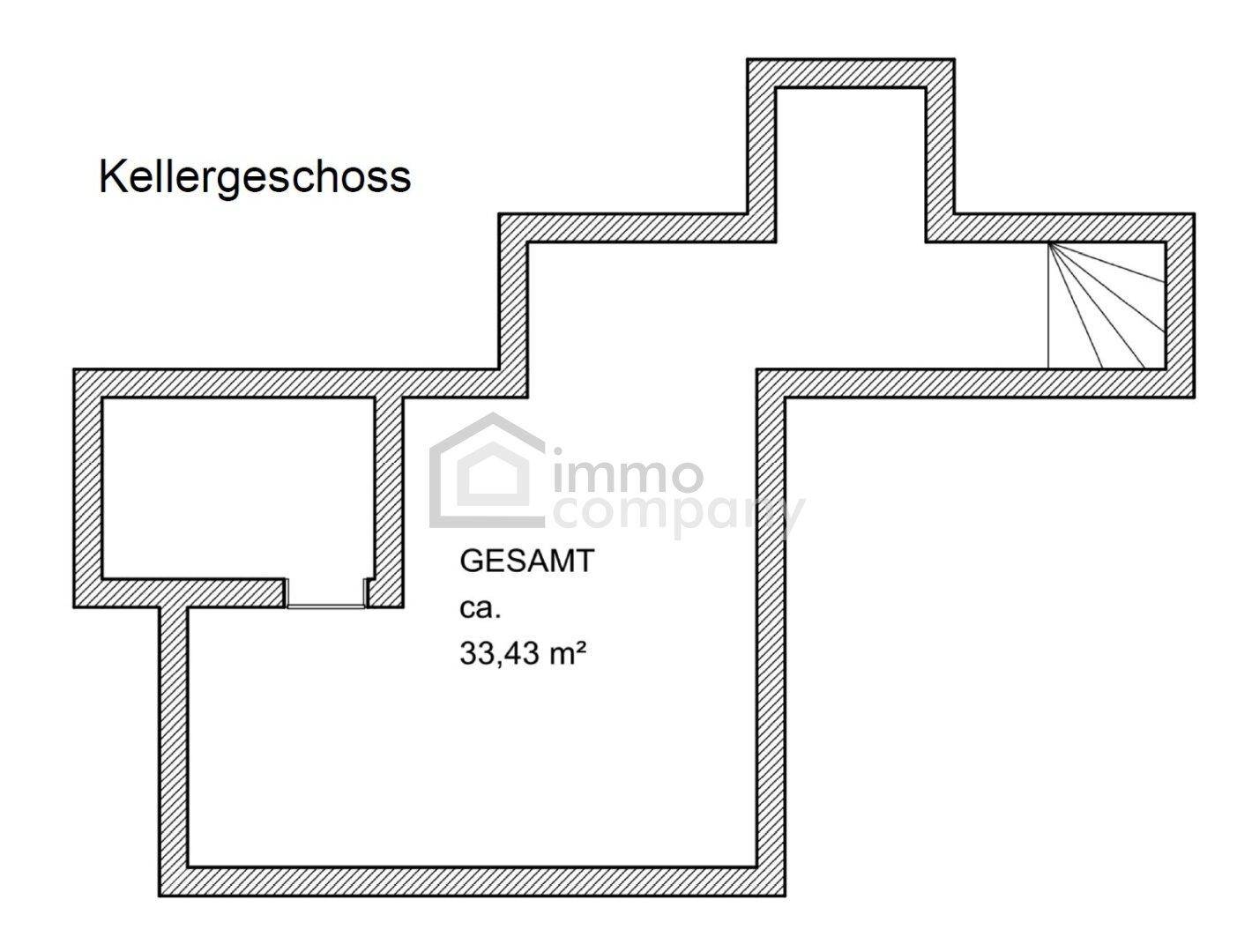 Grundriss des Kellergeschosses mit Treppenaufgang und einer Gesamtfläche von ca. 33,43 m².