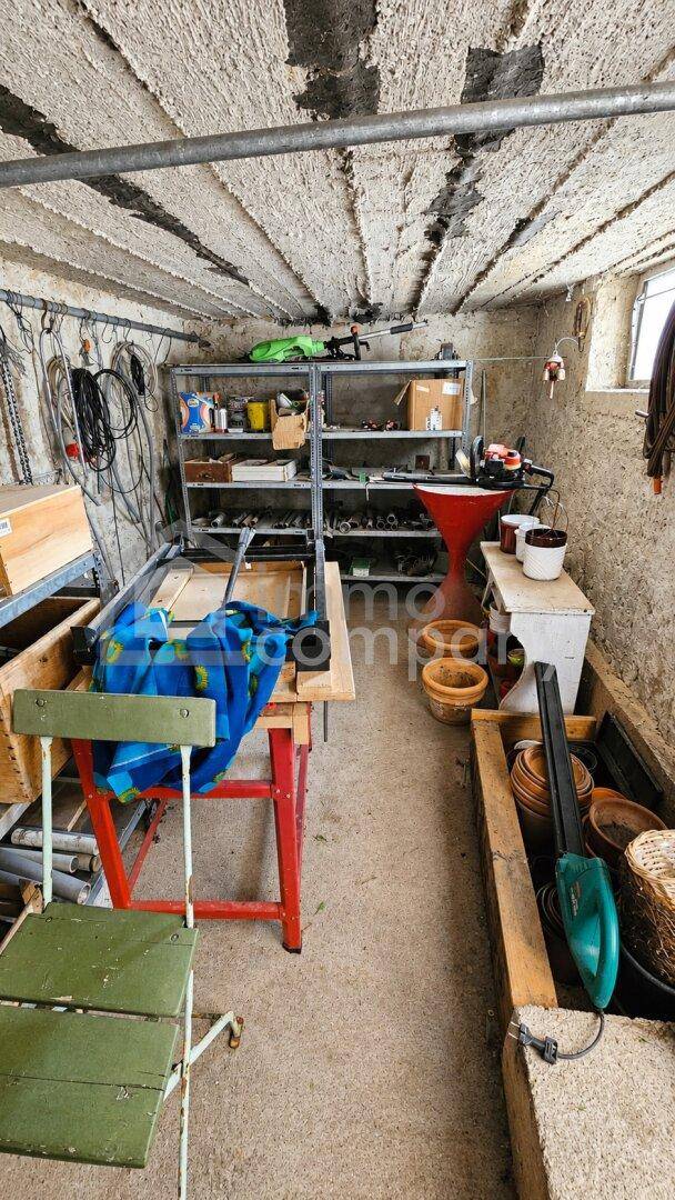 Werkstatt im Keller mit Regalen und Arbeitsbereich, ideal für handwerkliche Tätigkeiten.