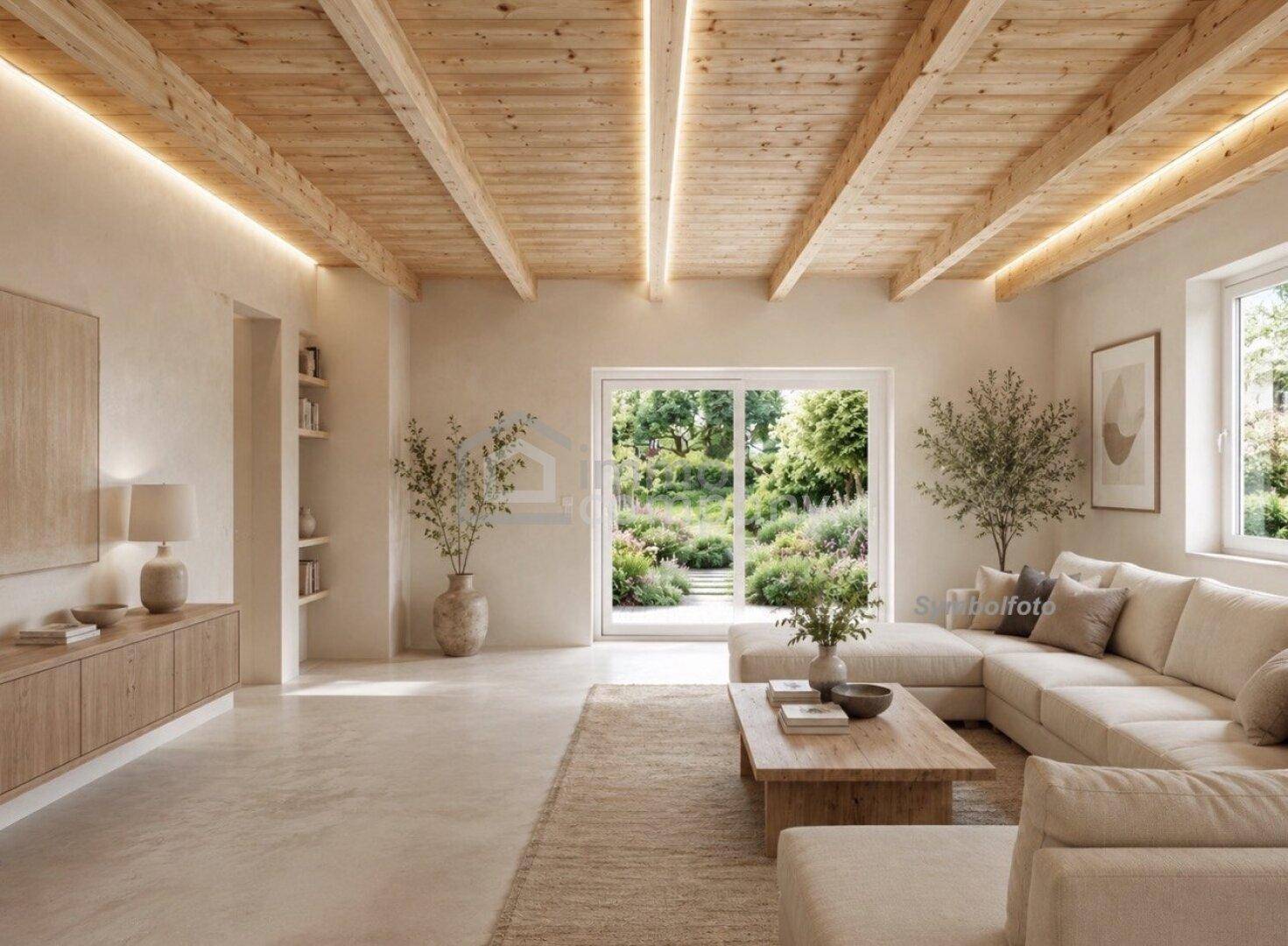 Helles Wohnzimmer mit großem Sofa, Holzbalkendecke und direktem Zugang zum grünen Garten.